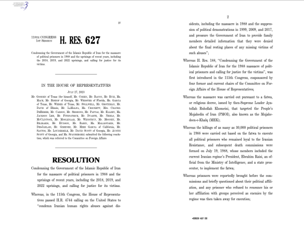 NCRI-US Welcomes Bipartisan H.Res.627 and its Call for Ensuring Protection of Ashraf 3, Accountability for 1988 Massacre
