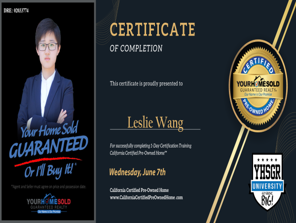 Leslie Wang at Your Home Sold Guaranteed Realty Completes Certified Pre-Owned Home™ (CPO) Agent Certification