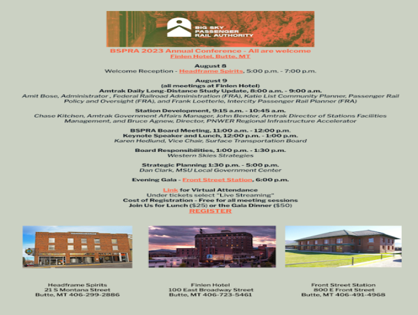 Announcing the Big Sky Passenger Rail Annual Conference in Butte, August 9th