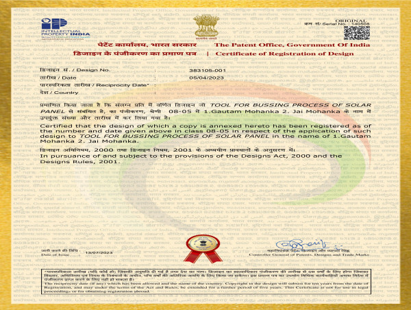  Top Indian Solar Module Manufacturer Gautam Solar granted patent for innovation in solar module production process 