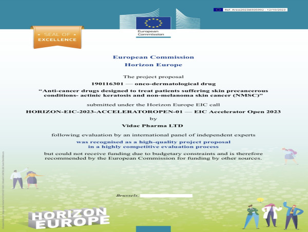  Vidac Pharma Ltd receives “Seal of Excellence” from the European Commission Horizon Program 