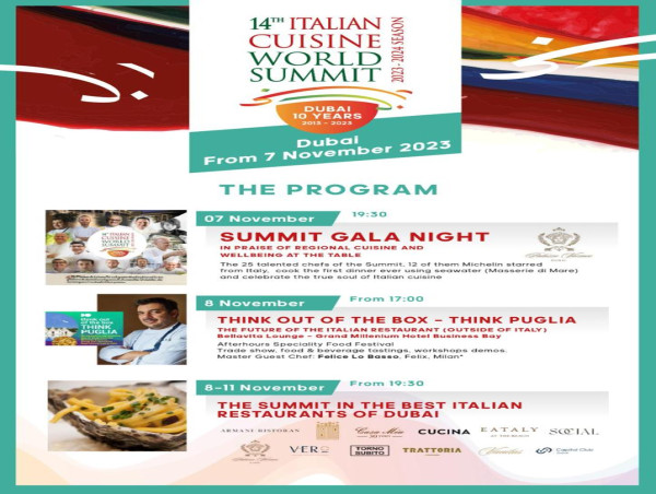 WELLBEING, REGIONAL CUISINE AND THE CHEFS OF THE FUTURE: THE 14th ITALIAN CUISINE WORLD SUMMIT KICKS OFF ON 7 NOV 2023