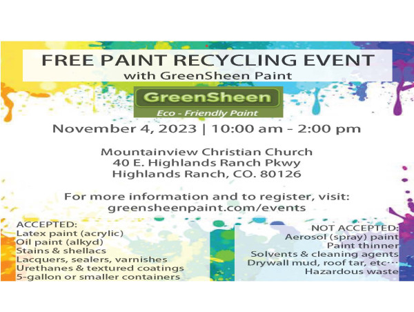Free Paint Recycling Event: Nov 4 at Mountainview Church in Highlands Ranch, CO