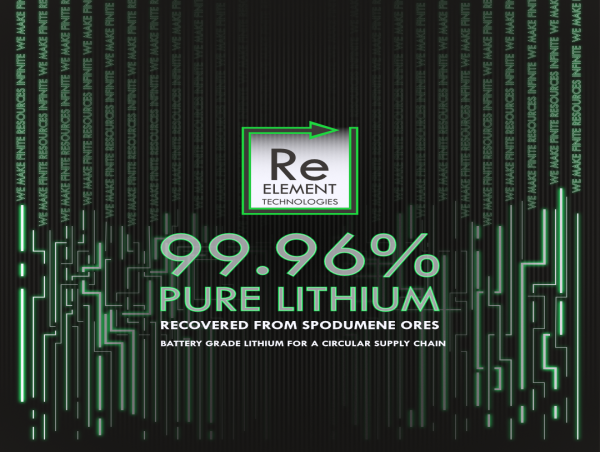  ReElement Technologies Produces Ultra-High Purity, 99.96%, Battery-Grade Lithium from Spodumene Bearing Pegmatite Ore 