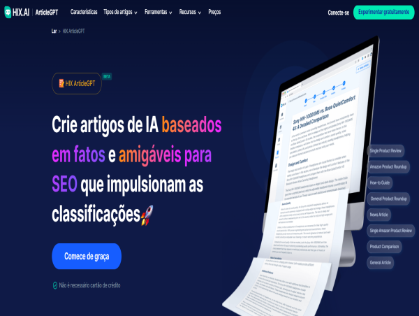 HIX ArticleGPT promete entregar artigos de blog totalmente baseados em fatos atualizados e otimizados para SEO