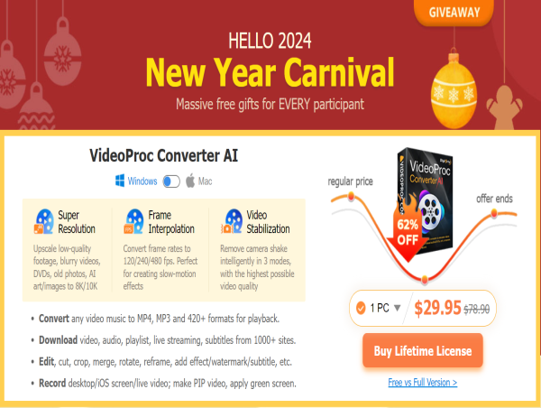 2024 New Year Carnival: 62% Off VideoProc Converter AI with Faster Super Resolution and 10 Exclusive Gifts