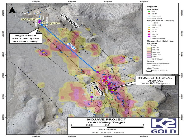  K2 Gold Samples 208 g/t Gold and High-Grade Copper in Rocks Recovered at Mojave Project 