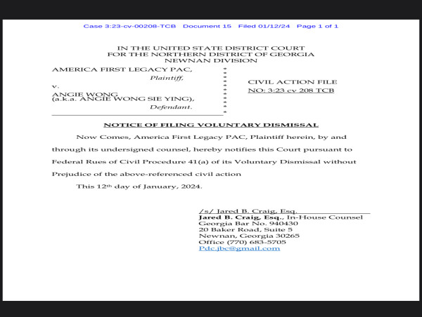  Angie Wong Announces Dismissal of Civil Lawsuits Against Her in Georgia 