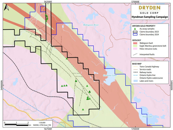  Dryden Gold Corp. Reports Surface Rock Samples up to 13.00 g/t Au, Expands Land Package and Welcomes Kenorland Minerals to the Dryden District 