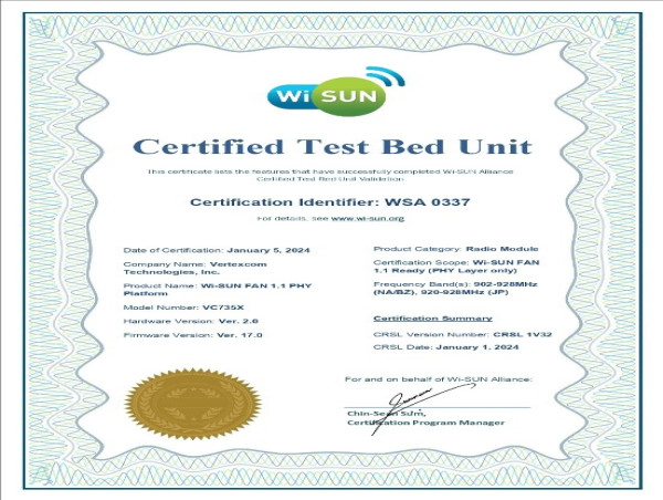 VertexCom Participates in Development of Wi-SUN FAN 1.1 Spec, VC735X Certified by Wi-SUN Alliance as FAN 1.1 Ready CTBU