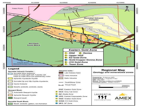 Amex Annonce 29,00 g/t Au sur 3,50 m dans la Nouvelle Extension Ouest de la Gratien Gold Zone, ainsi que la Définition et l'Extension des zones Team et E3.