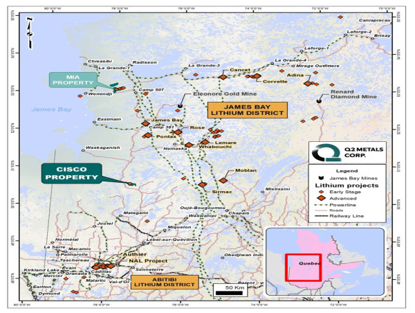 Q2 Metals to Acquire 100% of the Large-Scale Cisco Lithium Property Located in James Bay, Quebec with Historical Assays Including 115.4 Metres at 1.21% Li2O