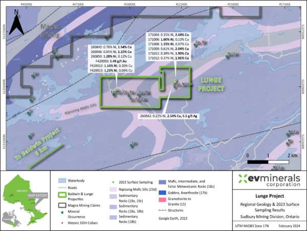 EV Minerals Sampling Program Returns High-Grade Results Including 1.28% Nickel and 2.54% Copper at the Lunge Project in Sudbury, Ontario