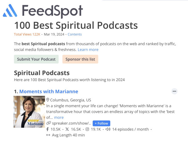 Moments with Marianne Radio Show #1 in FeedSpot's List of Best Spiritual Podcast You Must Follow in 2024!