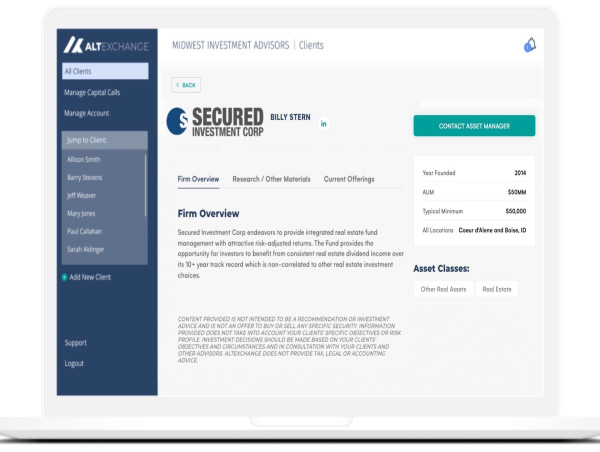  Secured Investment Corp and AltExchange Partner to Provide RIAs Access and Reporting for Real Estate Funds 