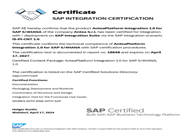  Antea Asset Integrity Management Platform Achieves SAP Integration Certification 