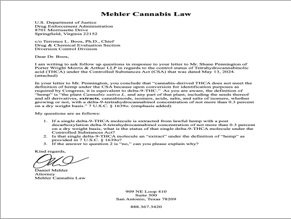  Mehler Cannabis Law requests clarification from the DEA on the status of THCA extracted from lawful hemp 