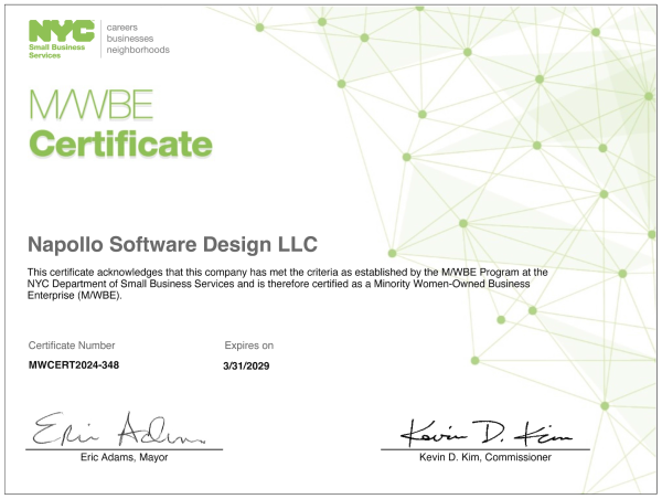  Napollo Software Design Certified as WMBE by New York City, Boosting Local Business Support 