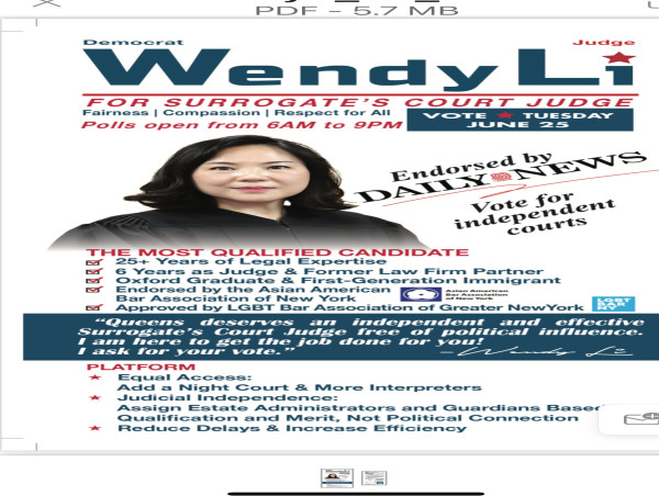  DAILY NEWS ENDORSES JUDGE WENDY LI FOR QUEENS SURROGATE 