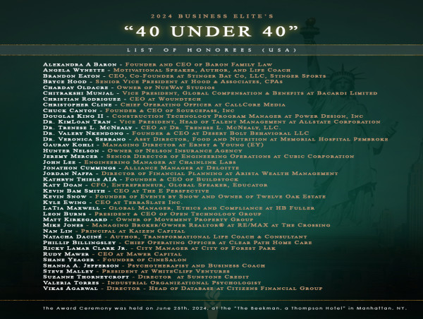 Business Elite Awards: Celebrated the induction of the newest '40 Under 40' American honorees at The Beekman, NYC