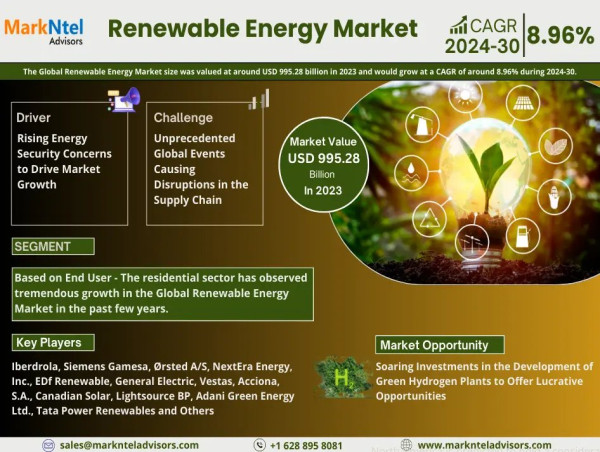  Renewable Energy Market Reached USD 19.5 Billion in 2023 & is Projected to Grow at CAGR of 7.90% by 2030 