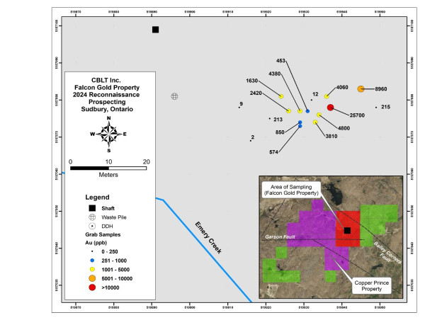  CBLT Samples up to 25.7 g/t Au at Past Producer Falcon Gold, Sudbury, Ontario 