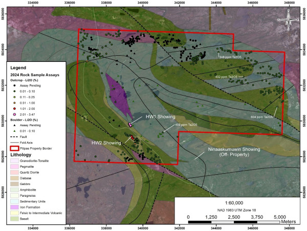  Ophir Metals Samples 3.47% Li2O at the HW1 Showing at Pilipas, James Bay, Quebec 