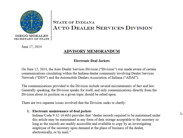 New Regulations of Car Sales in Indiana: Electronic Deal Jackets Clarified 