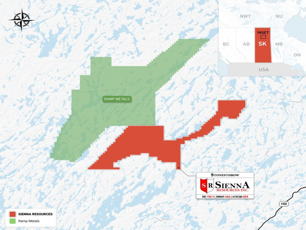  Sienna Almost Doubles Acreage of Stonesthrow Gold Project in Saskatchewan Bordering Ramp Metals Inc 