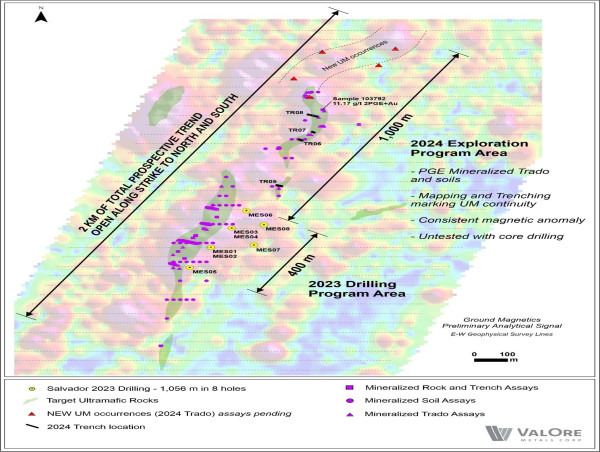  ValOre Provides Exploration Update and Reports Initial Trado® Auger and Rock Assay Results; Salvador Target, Pedra Branca PGE Project, Brazil; 