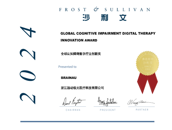  Frost & Sullivan grants the Global Cognitive Impairment Digital Therapy Innovation Award to BRAINAU 