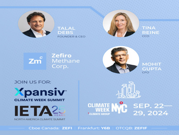  Zefiro Methane Corp. Announces Appearances & Speaking Engagements at NYC Climate Week 2024 