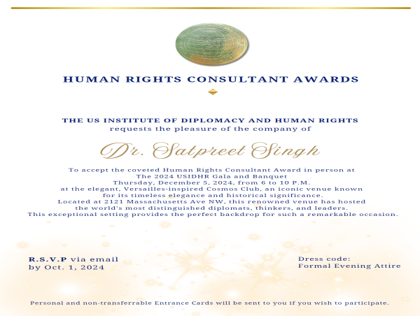  USIDHR Selects Sikh American Dr. Satpreet Singh for Distinguished Human Rights Consultant Award 