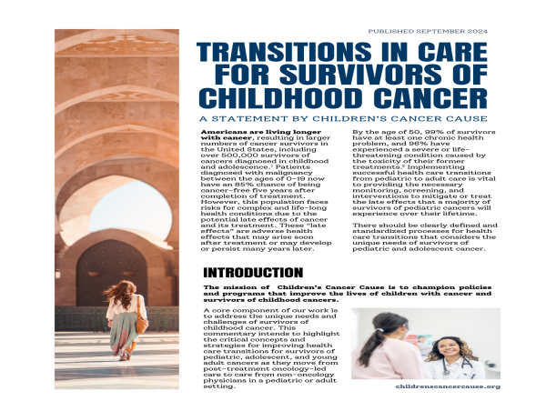 Children’s Cancer Cause Calls for the Successful Transition of 500,000 Childhood Cancer Survivors in the U.S.