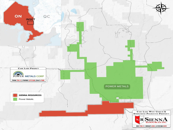  Sienna Again Significantly Increases Acreage of Case Lake West Cesium and Spodumene Pegmatite Project in Ontario to 7,850 Contiguous Acres. 