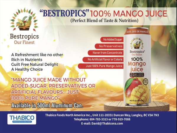  Thabico Foods North America Inc launches “Bestropics” 100% Pure Mango Juice (No Sugar Added, No Preservatives) 