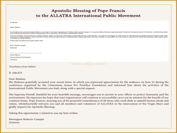  ALLATRA President Expresses Gratitude to Pope Francis for Apostolic Blessing and Support for Unity 