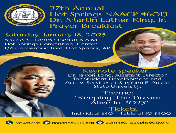  Hot Springs NAACP Announces 27th Annual Dr. Martin Luther King Jr. Prayer Breakfast 