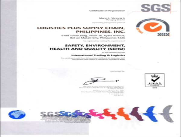  Logistics Plus Philippines Achieves Certification of Registration for SEHQ Excellence 