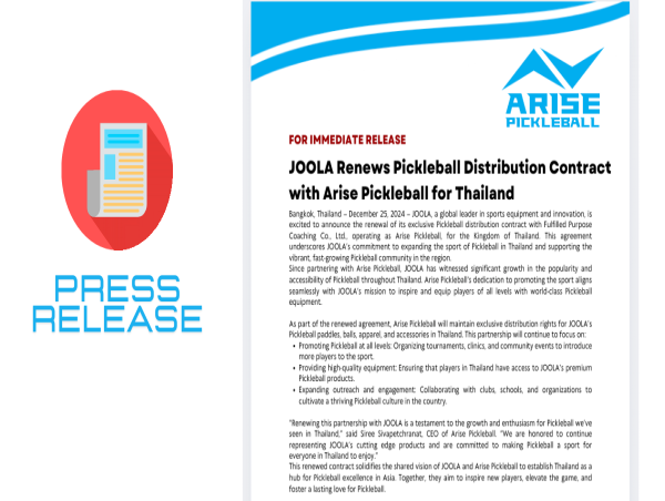  JOOLA Renews Pickleball Distribution Contract with Arise Pickleball for Thailand 