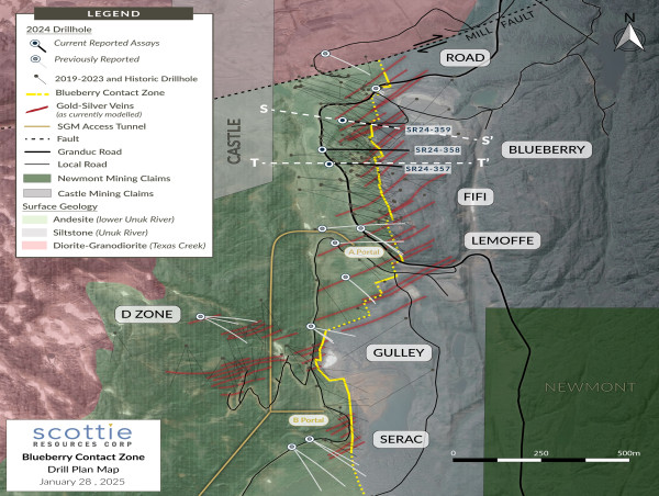  Scottie Resources Reports Intercepts of 7.0 g/t Gold over 14.40 m and 14.66 g/t Gold over 4.00 m at Blueberry Contact Zone 