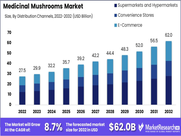 Medicinal Mushrooms Market Estimated at USD 62.0 Billion in 2032, Growing at a CAGR of 8.7%