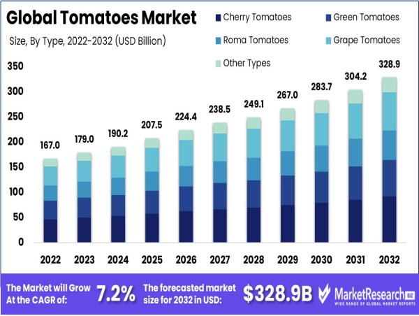 Tomatoes Market to Reach $328.9 Billion by 2032, Growing at 7.2% CAGR from 2023