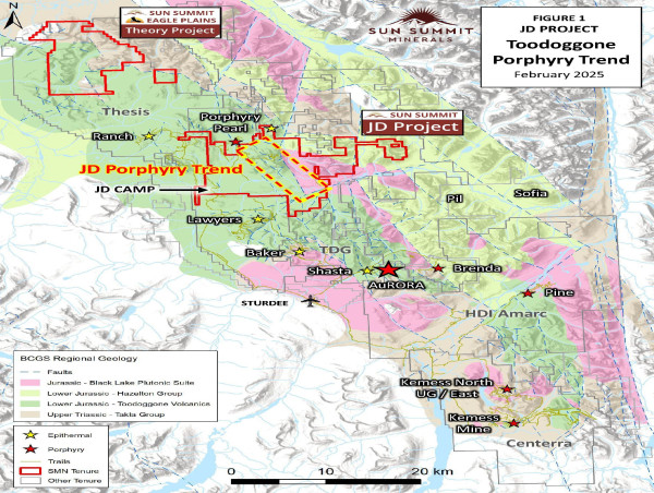  Sun Summit Defines a 12 Kilometre Trend of Porphyry-Related Copper-Gold Targets at the JD Project, Toodoggone District, North Central B.C. 