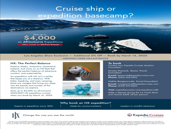  Expedia Cruises in Norwalk Teams up with HX at the LA Travel & Adventure Show 