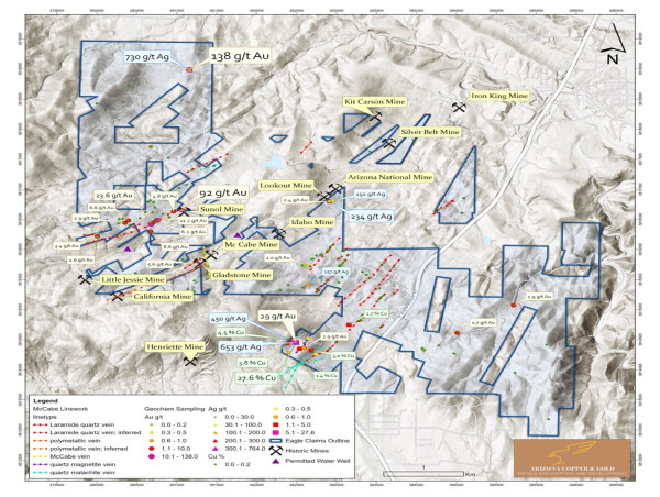  Arizona Copper and Gold Identifies Extensive High-Grade Mineralization on Its Eagle Project, Including Samples of up to 138 g/t Gold, 730 g/t Silver, 27.6% Copper and 16.4% Zinc 