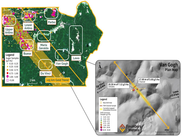  Founders Metals Hits 28.5 m of 7.12 g/t Au in First Drill Hole at Van Gogh Discovery 