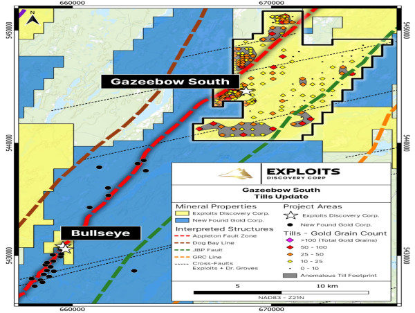  Exploits' Gazeebow South Follow-Up Tills Program Shows High Gold Grain Counts Along the Appleton Fault Zone 