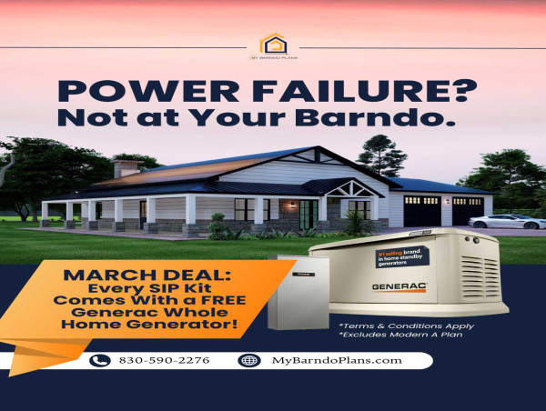  MyBarndoPlans.com Announces Free Generac Home Generator with Every SIP Home Kit Purchase In March 