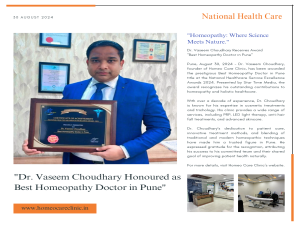 Dr.Vaseem Chodhary awarded as 'Best Homeopathy Doctor in Pune' at the National Healthcare Service Excellence Awards 2024